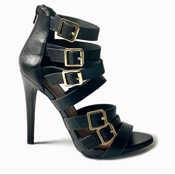 Multiple Straps Stiletto Heel Black Sandals Size 8 - Picture 2 of 12